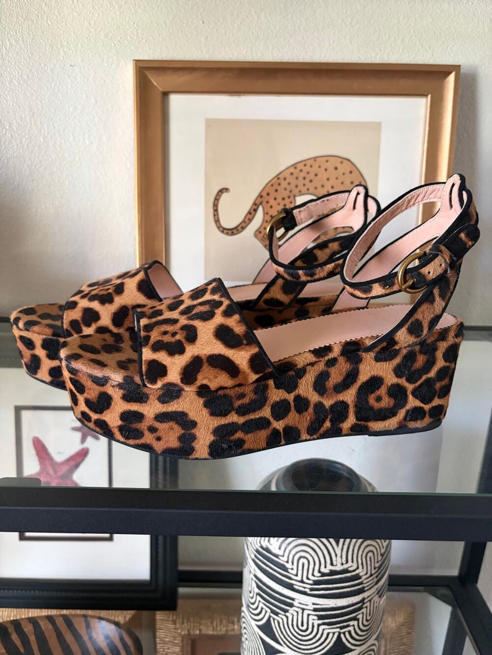 J.Crew Leopard Calf Hair Platform Sandals Womens 7 Ankle Strap Block Heel